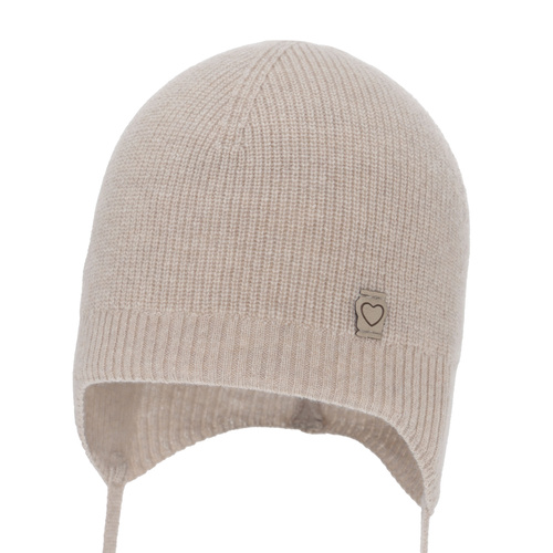 Bonnet automne/printemps fille, beige, avec laine mérinos et cachemire, avec liens, Orida