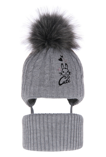 Ensemble d'hiver fille: bonnet et snood, gris, avec pompon, Treccia