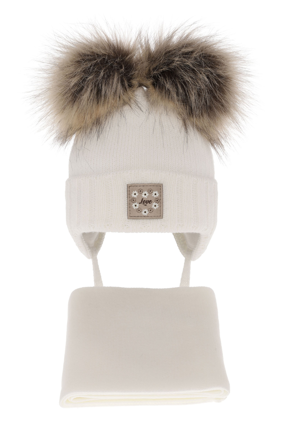 Ensemble d'hiver fille: bonnet et écharpe, blanc, avec deux pompons, avec liens, Jazz