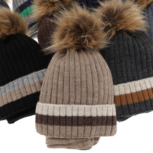 Ensemble d'hiver garçon: bonnet et snood, gris clair, avec pompon, doublé de polaire, Beno