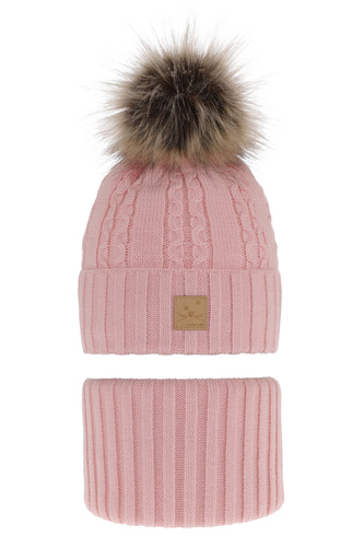 Ensemble d'hiver fille: bonnet et snood, rose, avec pompon, Alexia