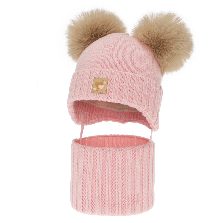 Ensemble bonnet et tour de cou fille, hiver, rose, 100% laine mérinos, doublé polaire laine, Ronia
