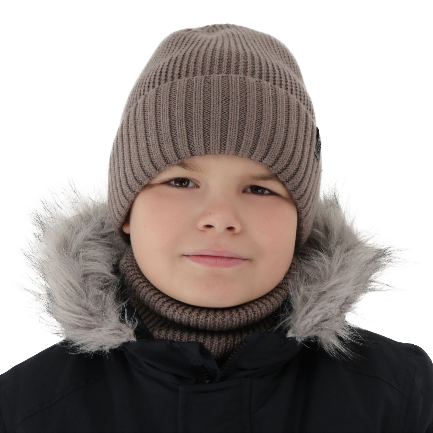 Bonnet et snood pour garçon, ensemble d'hiver, 100% laine mérinos, avec doublure en laine mérinos, marron Harbin