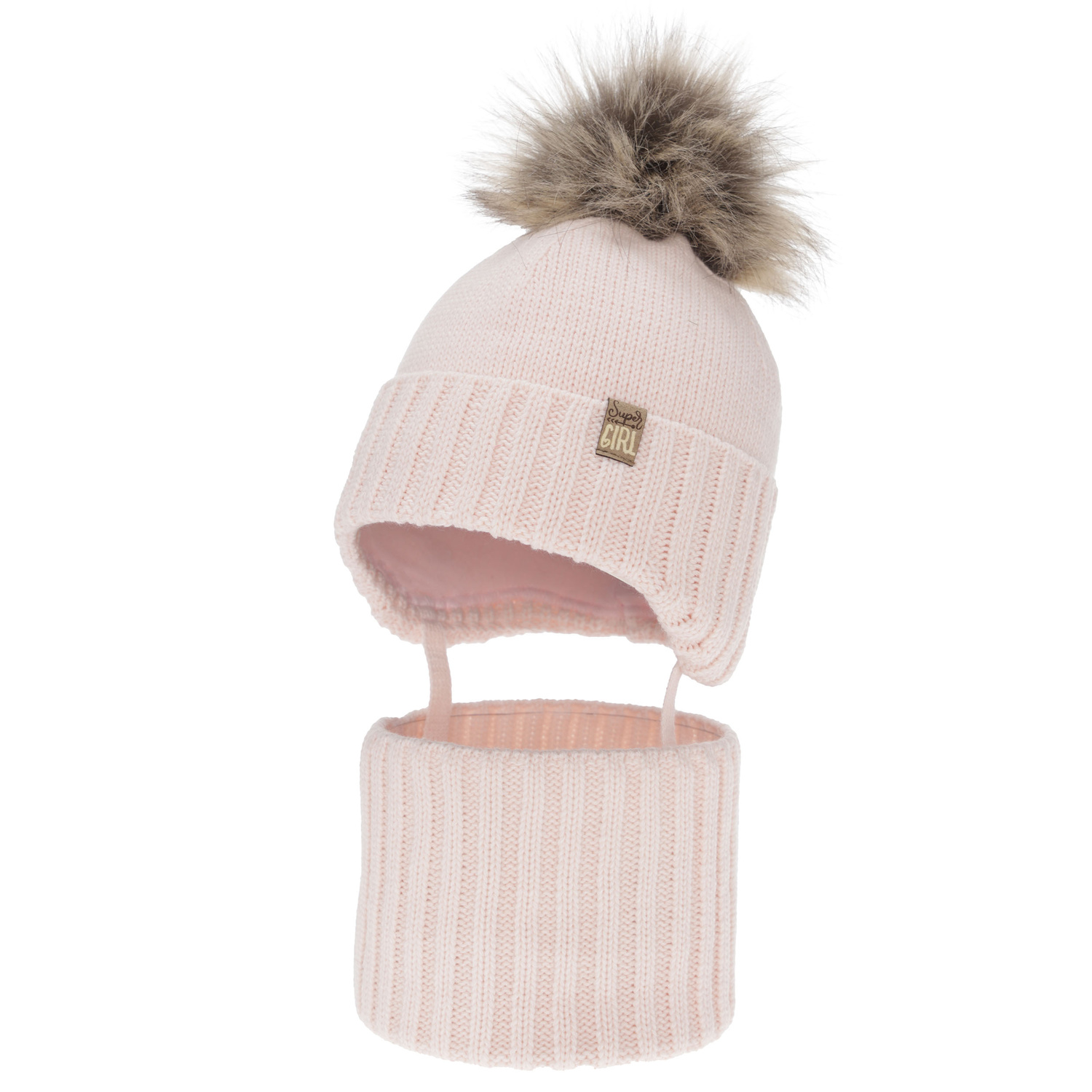 Ensemble d'hiver fille: bonnet et snood, rose, avec pompon, Primula