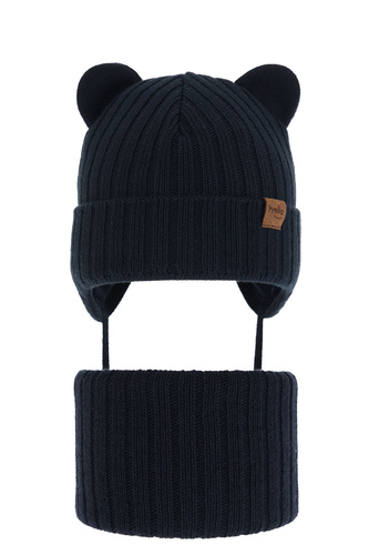 Ensemble d'hiver garçon: bonnet et snood, bleu marine, avec liens, Ferven