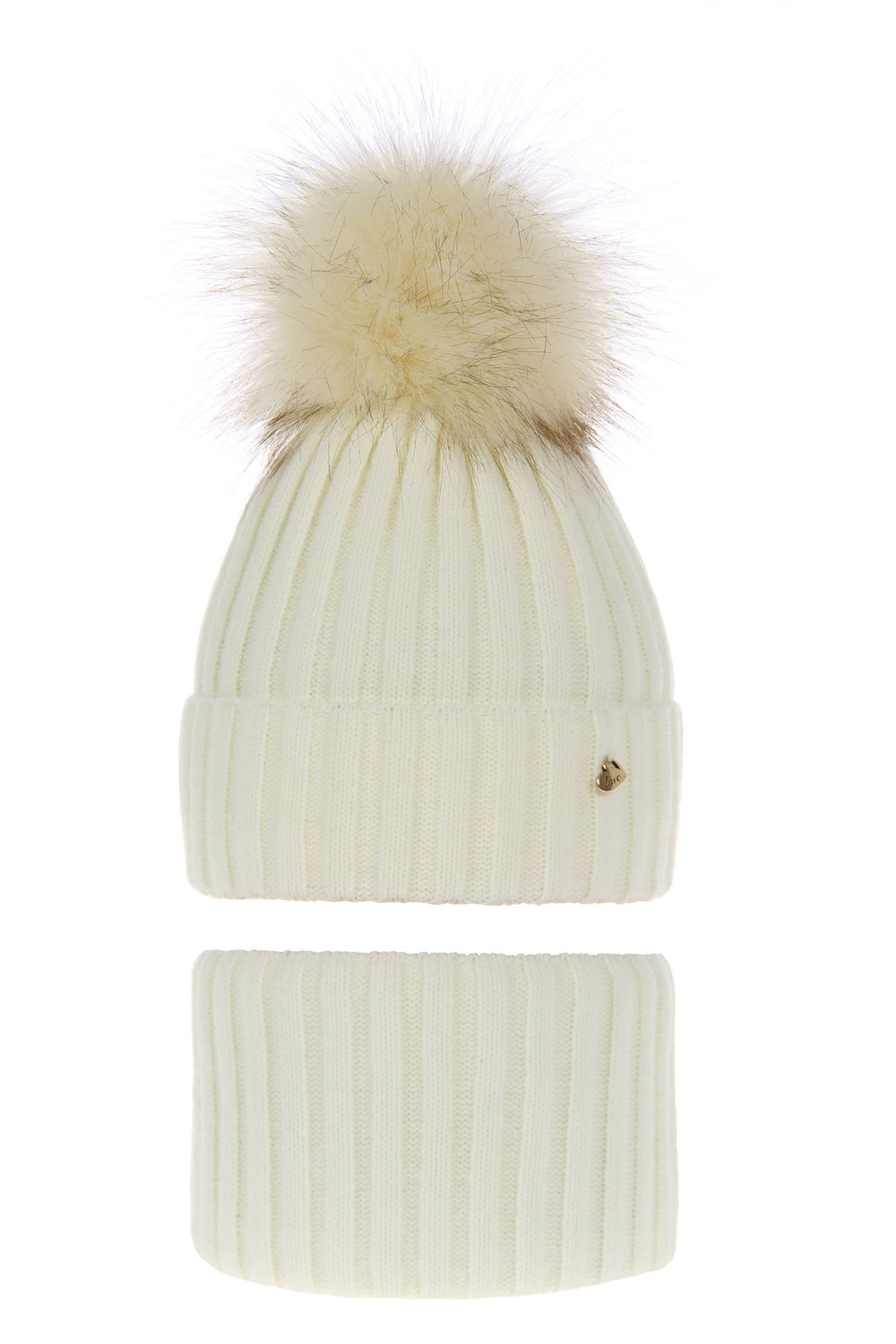 Ensemble d'hiver fille: bonnet et snood, crème, avec pompon, Wilma