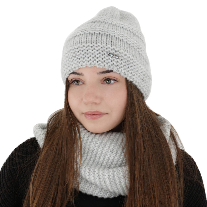 Ensemble d'hiver femme: bonnet et snood, rose, avec laine mérinos, Driva