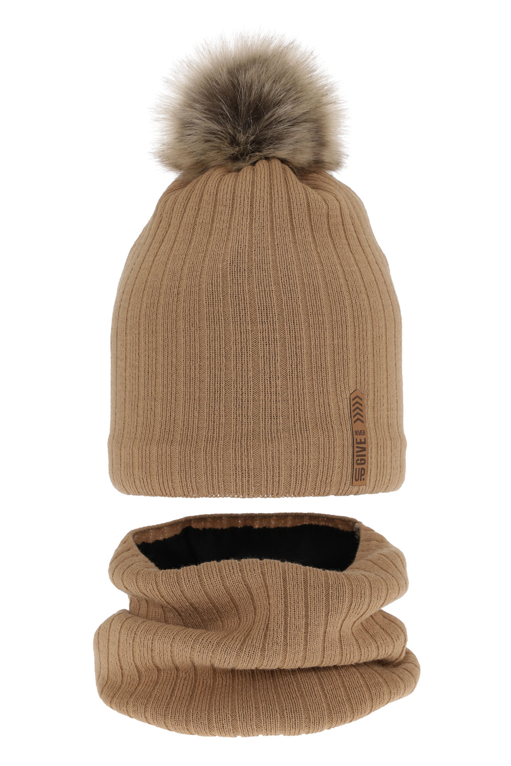 Ensemble d'hiver garçon: bonnet et snood, camel, avec pompon, doublé de coton, Kalen