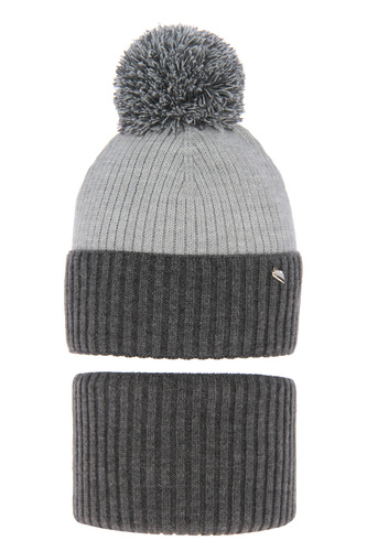 Ensemble d'hiver fille: bonnet et snood, gris, avec pompon, Kolumbina