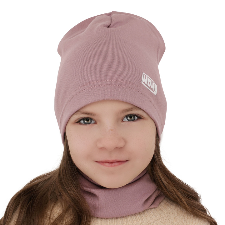 Ensemble automne/printemps fille: bonnet et snood, violet, en coton, Friza