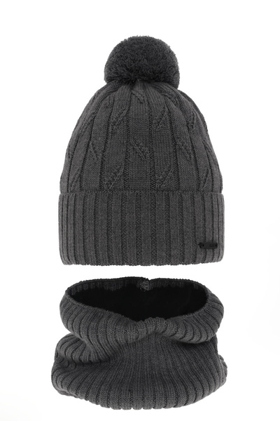 Ensemble d'hiver garçon: bonnet et snood, gris, avec pompon, avec laine mérinos, Talar