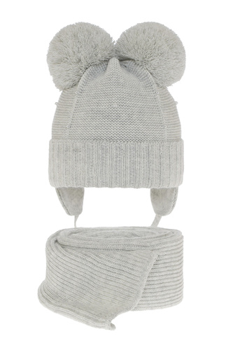 Ensemble d'hiver fille: bonnet et écharpe, gris, avec deux pompons, avec liens, Fibien
