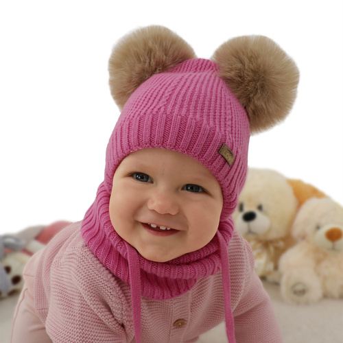 Ensemble bonnet et tour de cou fille, hiver, rose, 100% laine mérinos, doublé polaire laine, Lumia