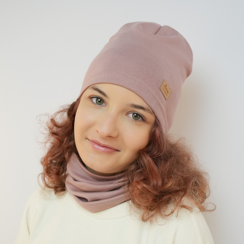 Ensemble automne/printemps fille: bonnet et snood, rose, en coton, Selfie