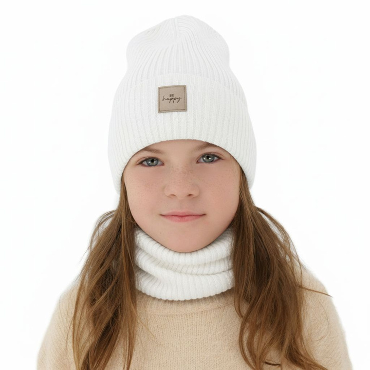 Ensemble automne/printemps fille: bonnet et snood, blanc, avec laine mérinos, Vanita