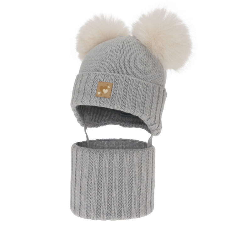 Ensemble bonnet et tour de cou fille, hiver, gris, 100% laine mérinos, doublé polaire laine, Ronia