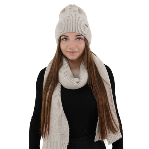 Ensemble d'hiver femme: bonnet et écharpe, beige, avec laine mérinos, Seala