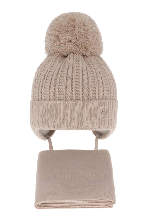 Ensemble d'hiver fille: bonnet et écharpe, beige, avec pompon, avec liens, Marisa