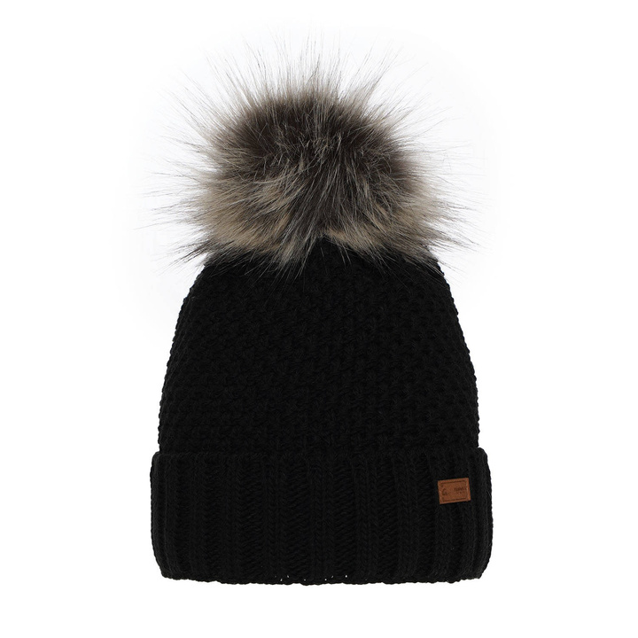 Bonnet d'hiver fille, noire, avec pompon, Pola