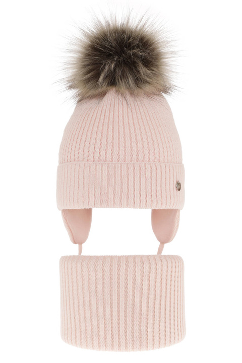 Ensemble d'hiver fille: bonnet et snood, rose clair, avec liens, avec pompon, Debra