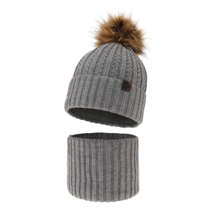 Ensemble d'hiver garçon: bonnet et snood, gris, avec pompon, Lars