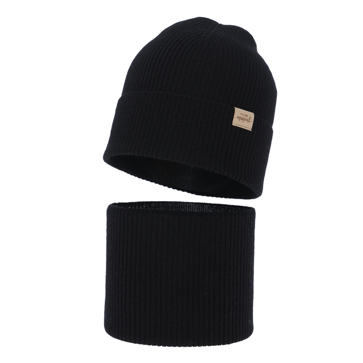 Ensemble automne/printemps fille: bonnet et snood, noir, 100% laine mérinos, Magenta