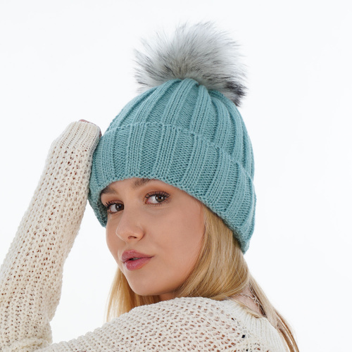 Bonnet d'hiver femme, beige, avec pompon, Mokka