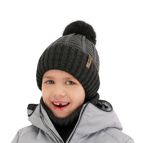 Ensemble d'hiver garçon: bonnet et snood, brun, avec pompon, Leo