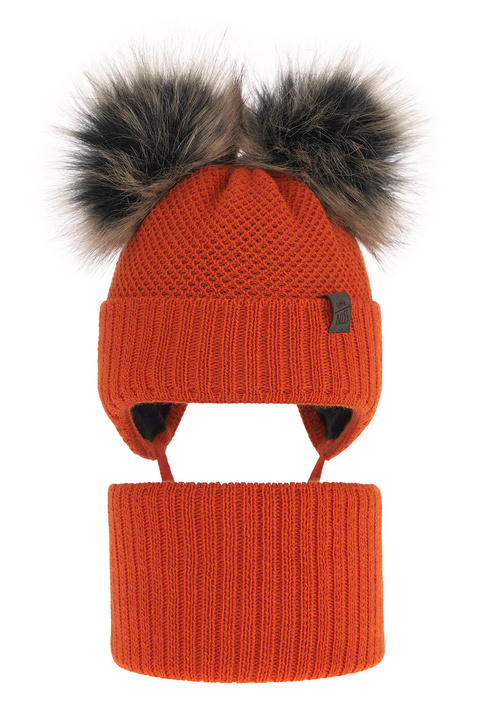 Ensemble d'hiver garçon: bonnet et snood, rouge, avec deux pompons, avec liens, Randel
