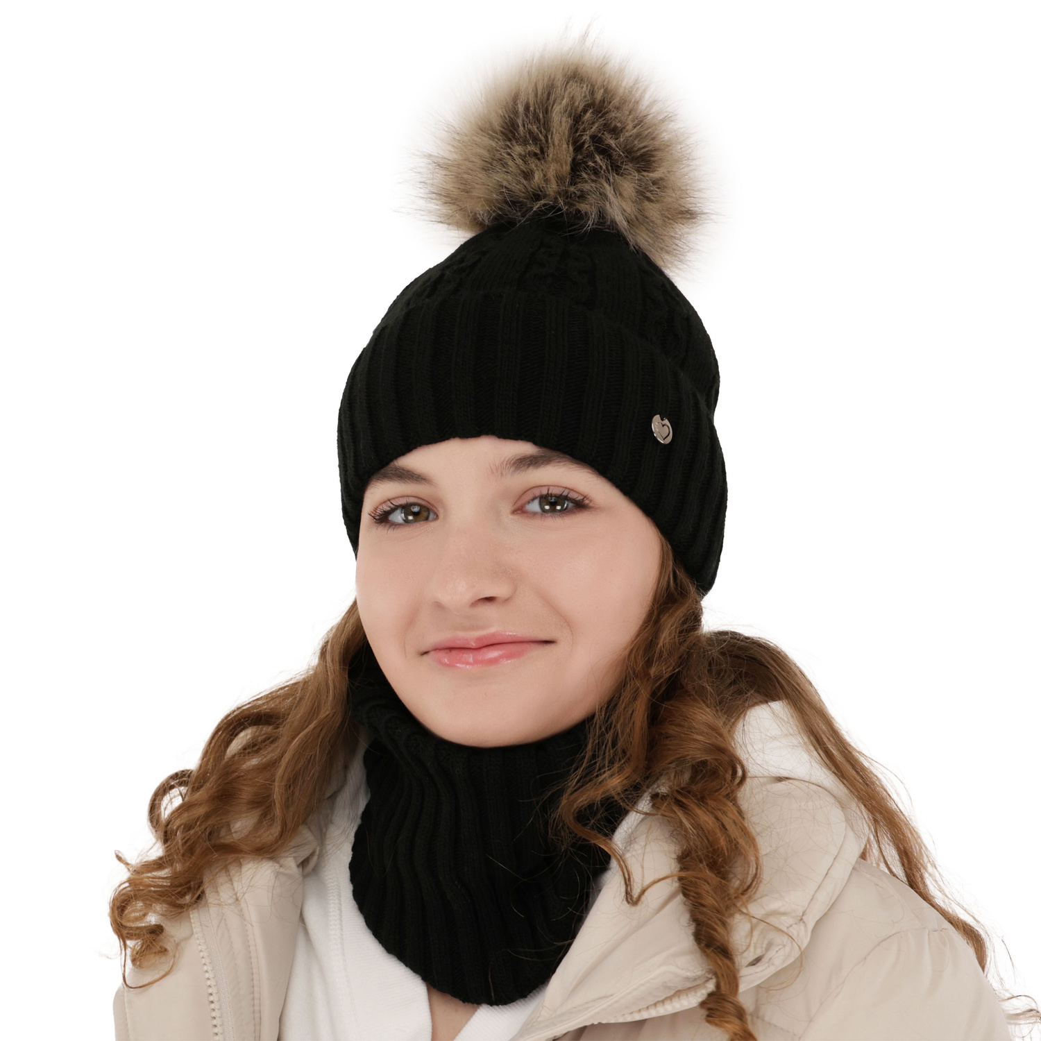 Ensemble d'hiver fille: bonnet et snood, violet, avec pompon, Felia
