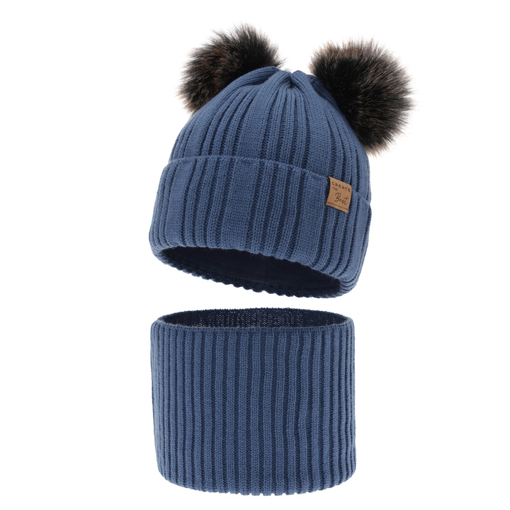 Ensemble d'hiver garçon: bonnet et snood, bleu, avec deux pompons, Bilard