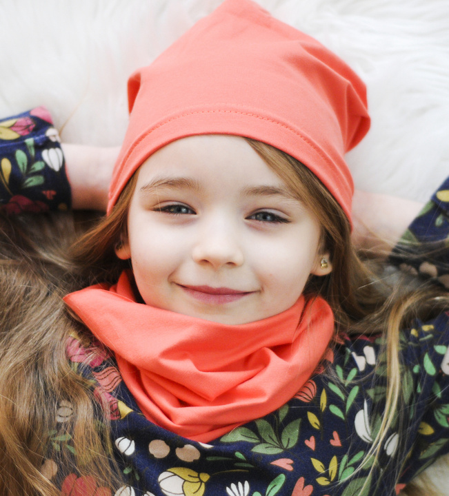 Ensemble automne/printemps fille: bonnet et snood, corail, en coton, Hazelka