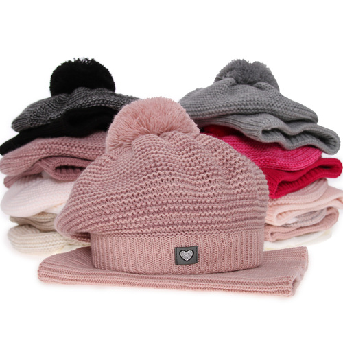 Ensemble d'hiver fille: berret et snood, rose, avec pompon, Lira