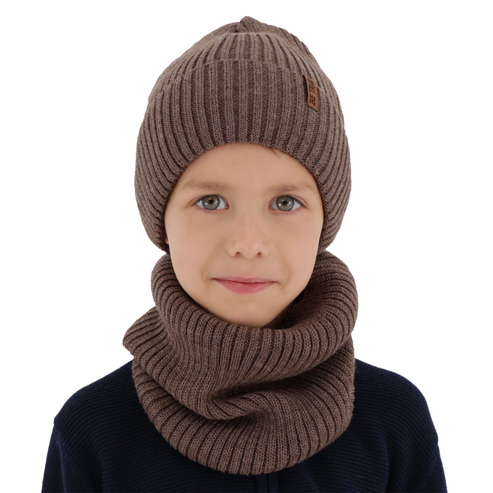 Ensemble d'hiver garçon (bonnet et snood), brun, avec laine mérinos, Colton
