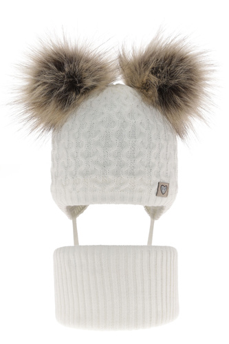 Ensemble d'hiver fille: bonnet et snood, blanc, avec deux pompons, avec liens, Poliana
