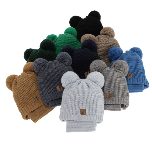 Ensemble d'hiver garçon: bonnet et snood, camel, avec deux pompons, avec liens, Krispi