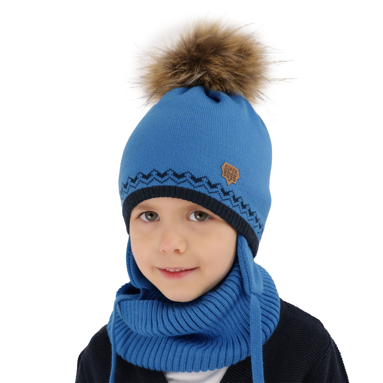 Ensemble d'hiver garçon: bonnet et snood, camel, avec pompon, Elpis