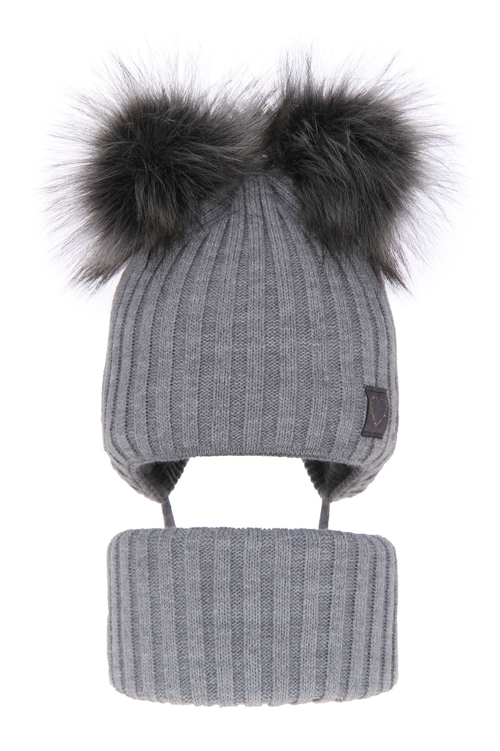 Ensemble d'hiver fille: bonnet et snood, gris, avec deux pompons, avec liens, Telisa