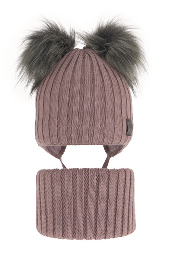 Ensemble d'hiver fille: bonnet et snood, rose, avec deux pompons, avec liens, Telisa