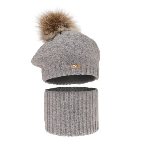 Ensemble d'hiver fille: béret et snood, gris, avec pompon, Atene