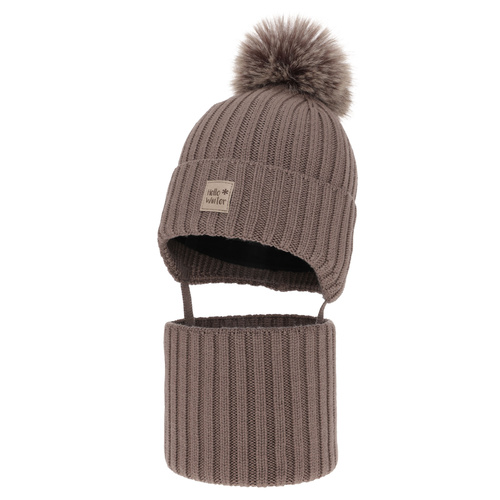 Ensemble d'hiver garçon: bonnet et snood, brun, avec laine mérinos, doublé de coton, Morti
