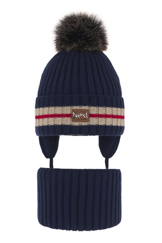 Ensemble d'hiver garçon: bonnet et snood, bleu marine, avec pompon, Echo