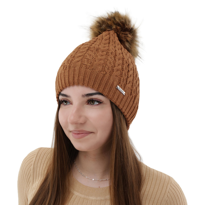Bonnet d'hiver femme, camel, avec laine mérinos, avec pompon, Satina