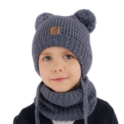 Ensemble d'hiver garçon: bonnet et snood, camel, avec deux pompons, avec liens, Krispi
