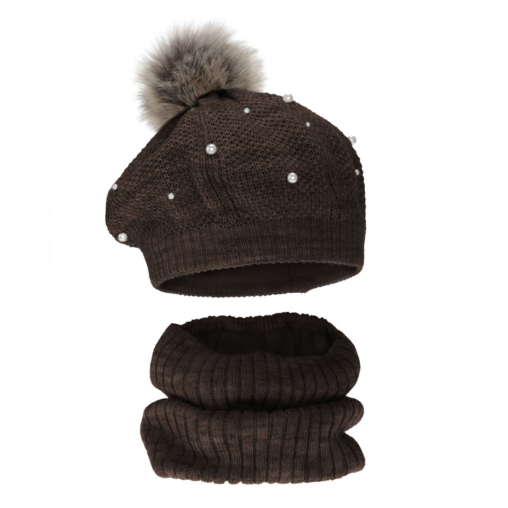 Ensemble d'hiver fille: béret et snood, doublé de polaire, marron, avec pompon, Jeanette