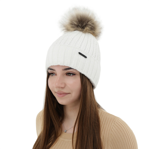 Bonnet d'hiver femme, blanc, avec pompon, Karizma