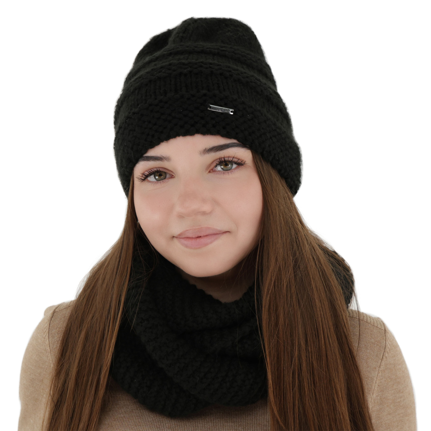Ensemble d'hiver (bonnet et snood), noir, avec laine mérinos, Driva