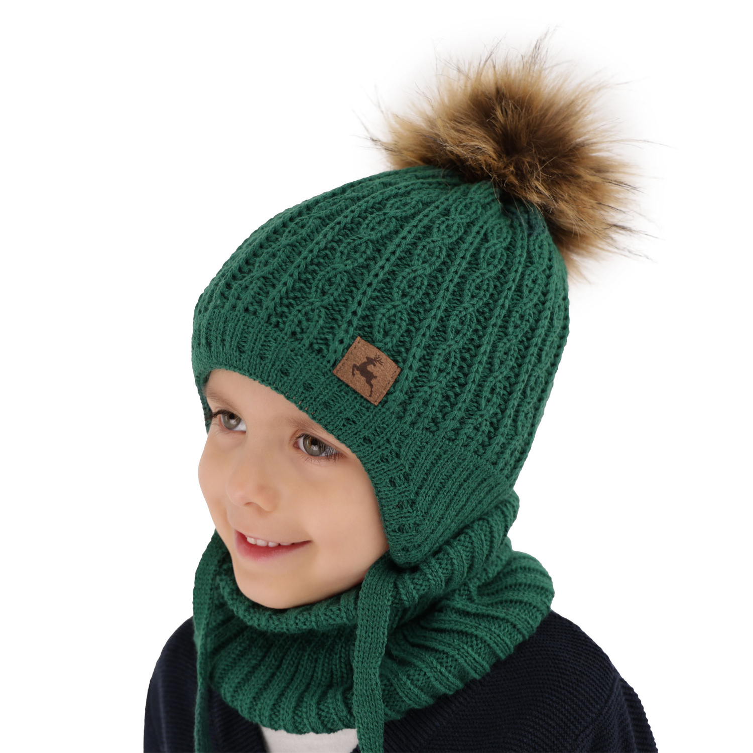 Ensemble d'hiver garçon: bonnet et snood, bleu, avec pompon, avec liens, Pago