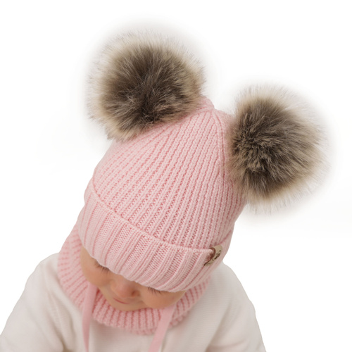 Ensemble d'hiver fille: bonnet et snood, rose, avec deux pompons, 100% Laine Mérinos, Silvia