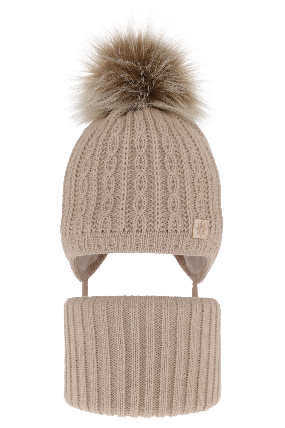 Ensemble d'hiver fille: bonnet et snood, beige, avec pompon, Passa
